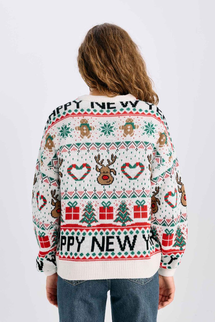 Kadın Ekru Yılbaşı Temalı Bisiklet Yaka Triko Kazak