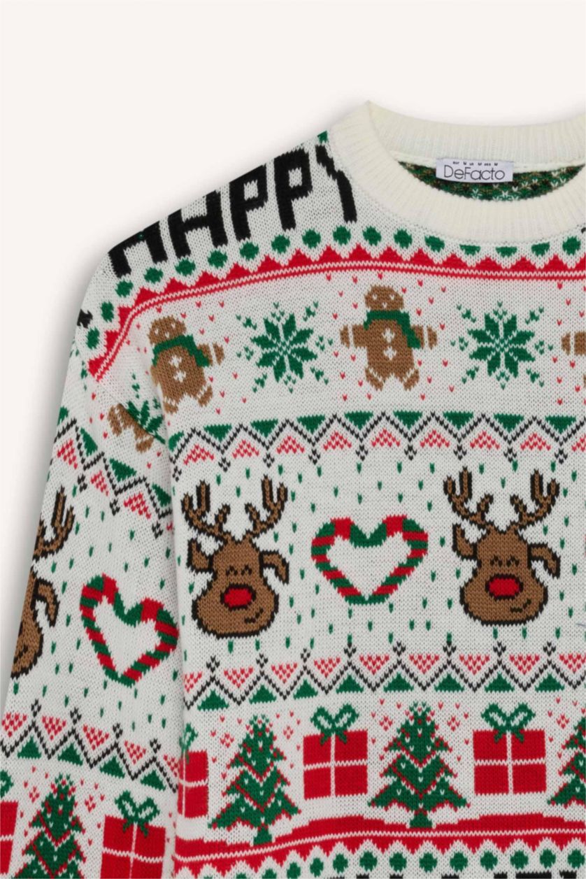 Kadın Ekru Yılbaşı Temalı Bisiklet Yaka Triko Kazak