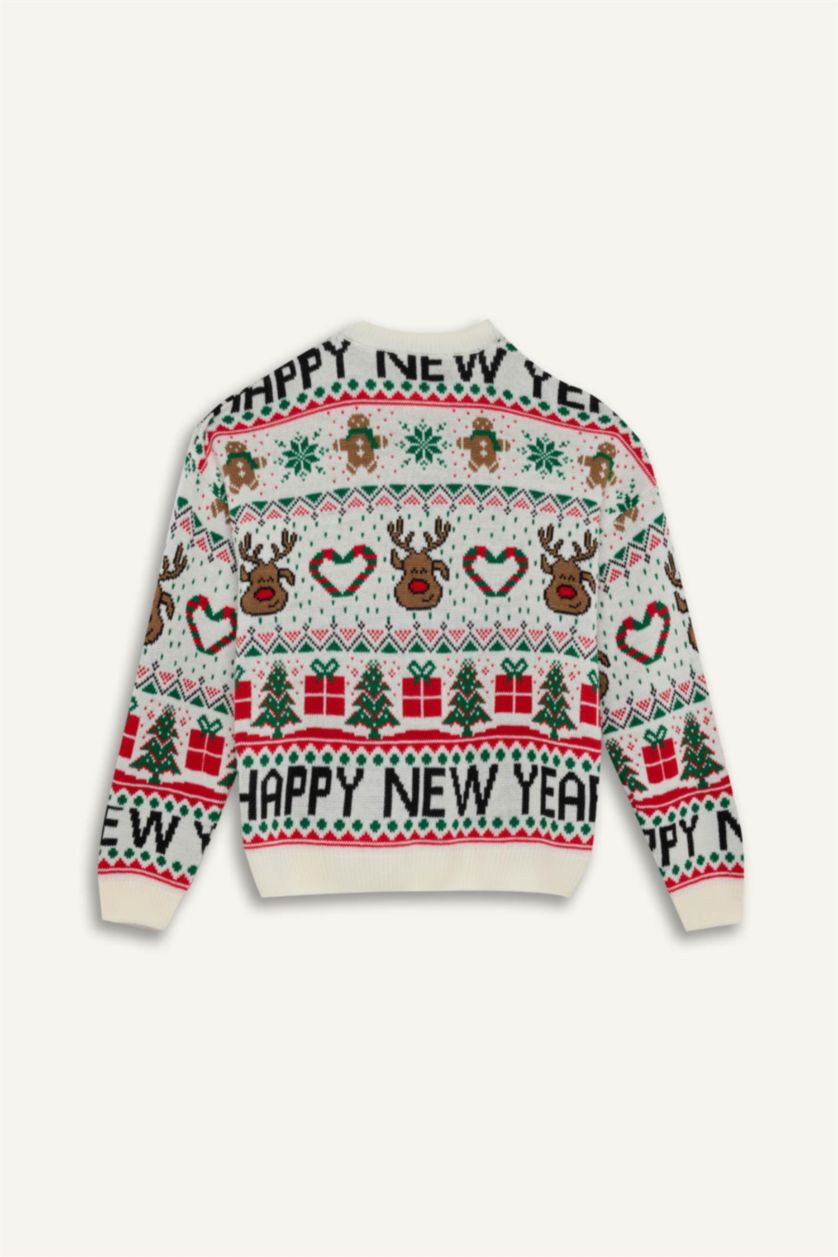 Kadın Ekru Yılbaşı Temalı Bisiklet Yaka Triko Kazak