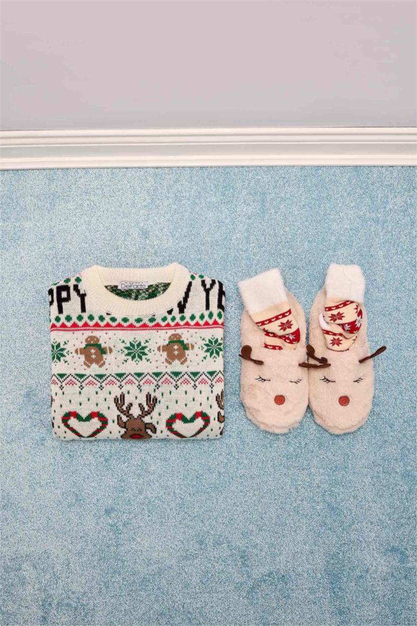 Kadın Ekru Yılbaşı Temalı Bisiklet Yaka Triko Kazak