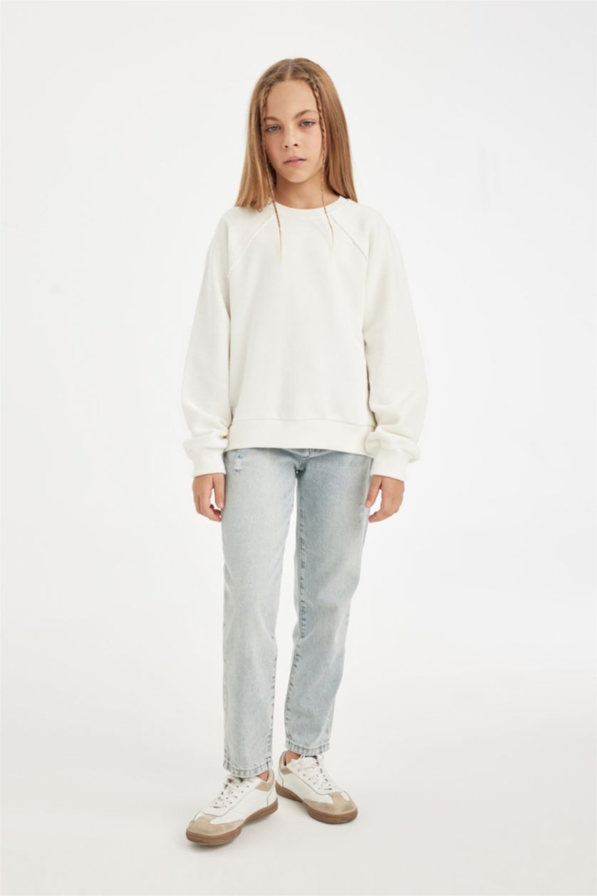 Kız Çocuk - Genç Kız Ekru Kız Çocuk Relax Fit Basic Düz Bisiklet Yaka Sweatshirt