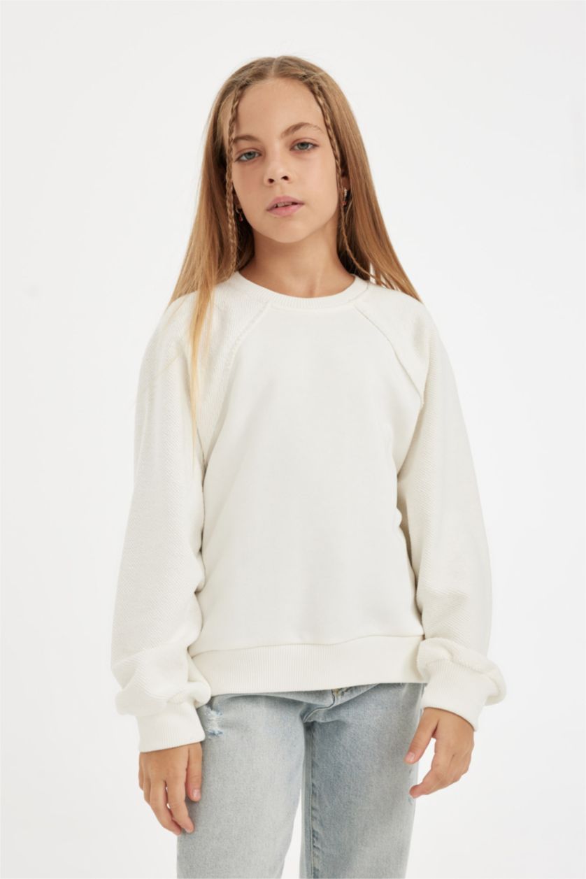Kız Çocuk - Genç Kız Ekru Kız Çocuk Relax Fit Basic Düz Bisiklet Yaka Sweatshirt