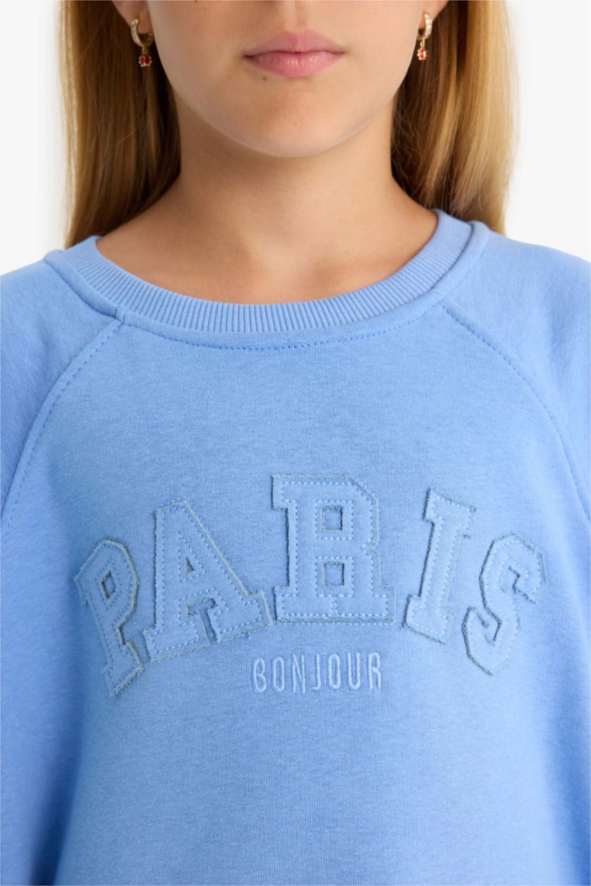 Kız Çocuk - Genç Kız Mavi Oversize Geniş Kalıp Bisiklet Yaka Baskılı Sweatshirt Kız Çocuk