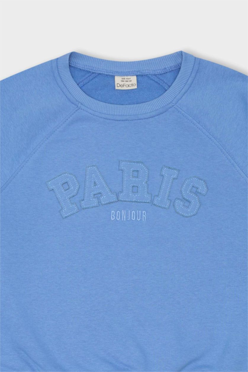 Kız Çocuk - Genç Kız Mavi Oversize Geniş Kalıp Bisiklet Yaka Baskılı Sweatshirt Kız Çocuk