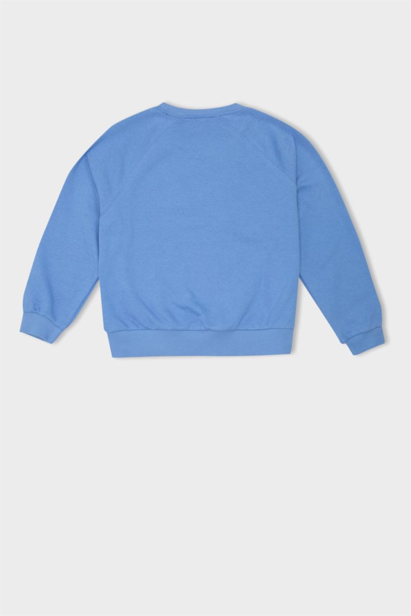 Kız Çocuk - Genç Kız Mavi Oversize Geniş Kalıp Bisiklet Yaka Baskılı Sweatshirt Kız Çocuk