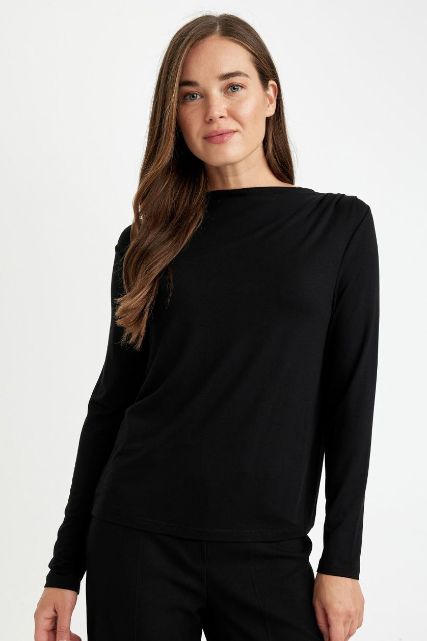 WOMAN Black Regular Fit Degaje Collar Basic Long Sleeve Black T-Shirt
