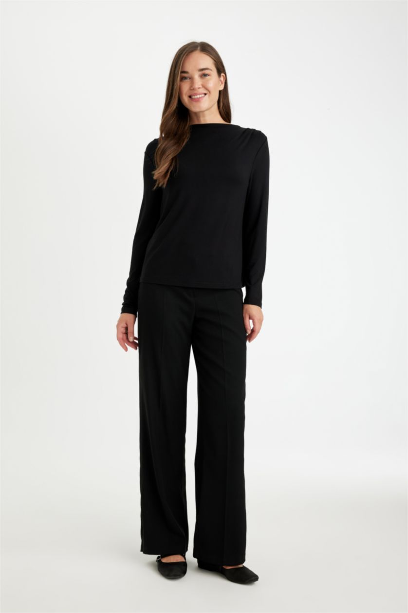 WOMAN Black Regular Fit Degaje Collar Basic Long Sleeve Black T-Shirt