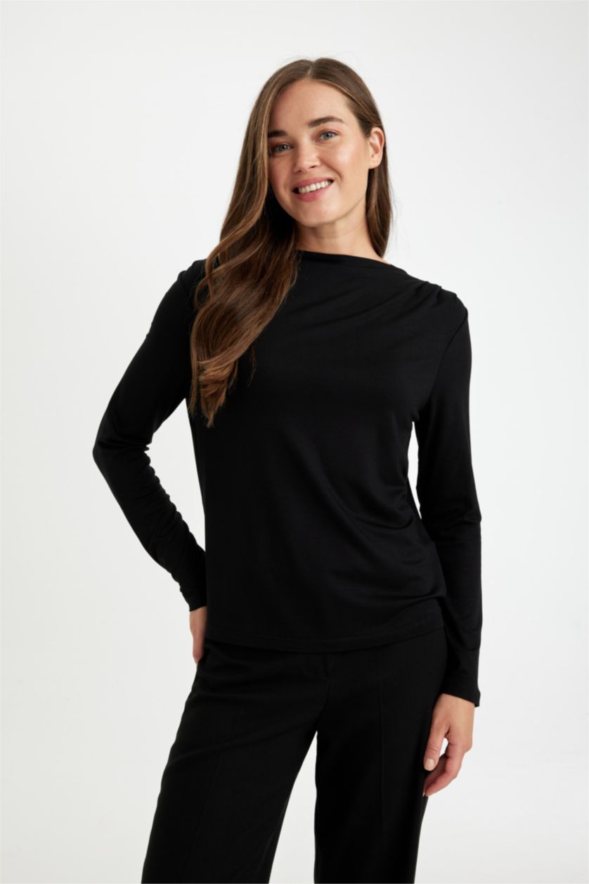 WOMAN Black Regular Fit Degaje Collar Basic Long Sleeve Black T-Shirt