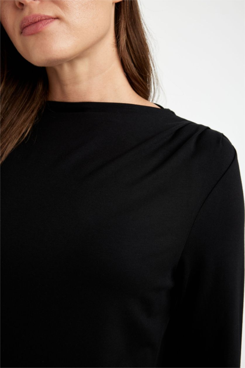 WOMAN Black Regular Fit Degaje Collar Basic Long Sleeve Black T-Shirt