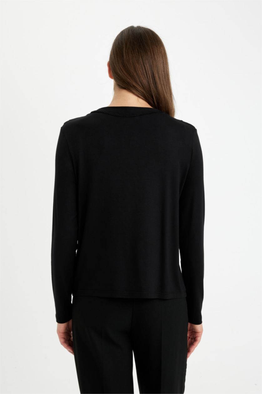 WOMAN Black Regular Fit Degaje Collar Basic Long Sleeve Black T-Shirt