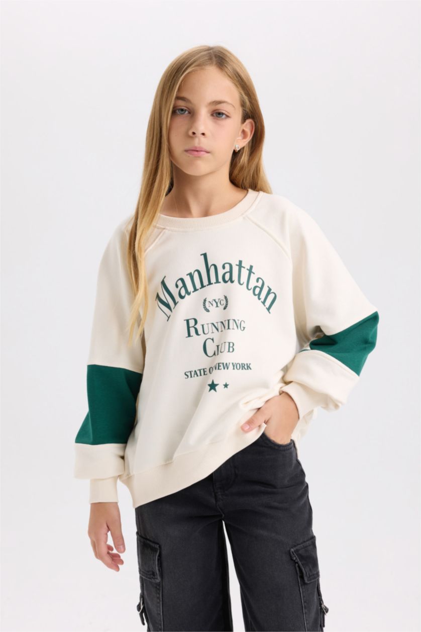 Kız Çocuk - Genç Kız Ekru Oversize Geniş Kalıp Bisiklet Yaka Baskılı Sweatshirt Kız Çocuk