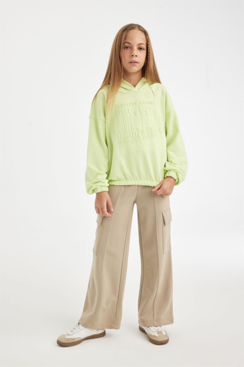 Kız Çocuk - Genç Kız Açık Yeşil Kız Çocuk Relax Fit Kapüşonlu Baskılı Sweatshirt