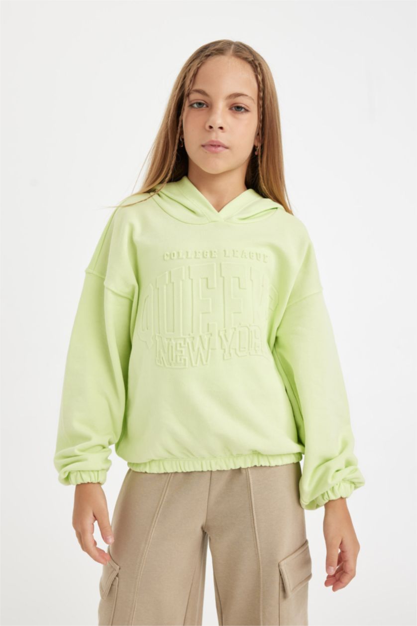 Kız Çocuk - Genç Kız Açık Yeşil Kız Çocuk Relax Fit Kapüşonlu Baskılı Sweatshirt