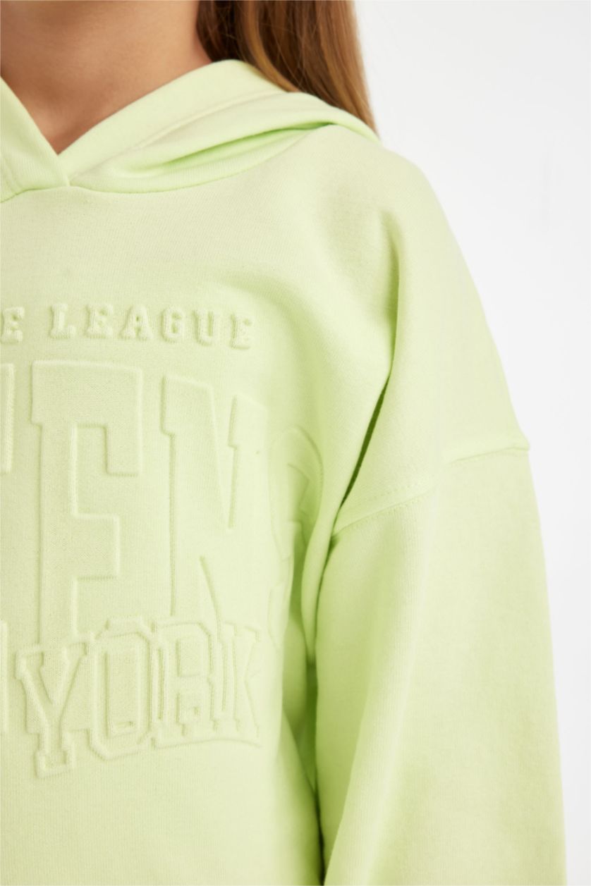 Kız Çocuk - Genç Kız Açık Yeşil Kız Çocuk Relax Fit Kapüşonlu Baskılı Sweatshirt