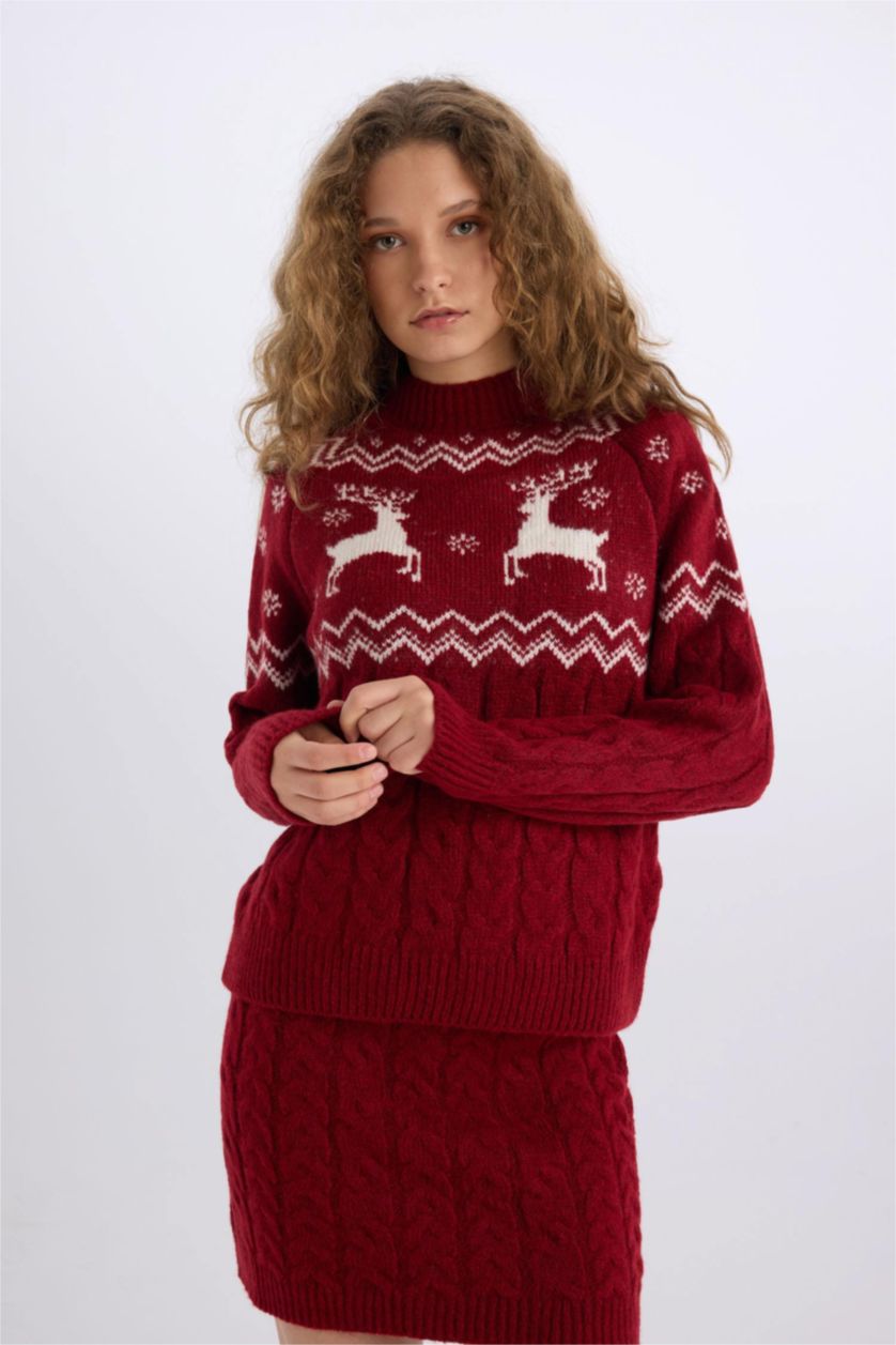 نساء أحمر بلوفر تريكو قصة عادية بياقة مستديرة