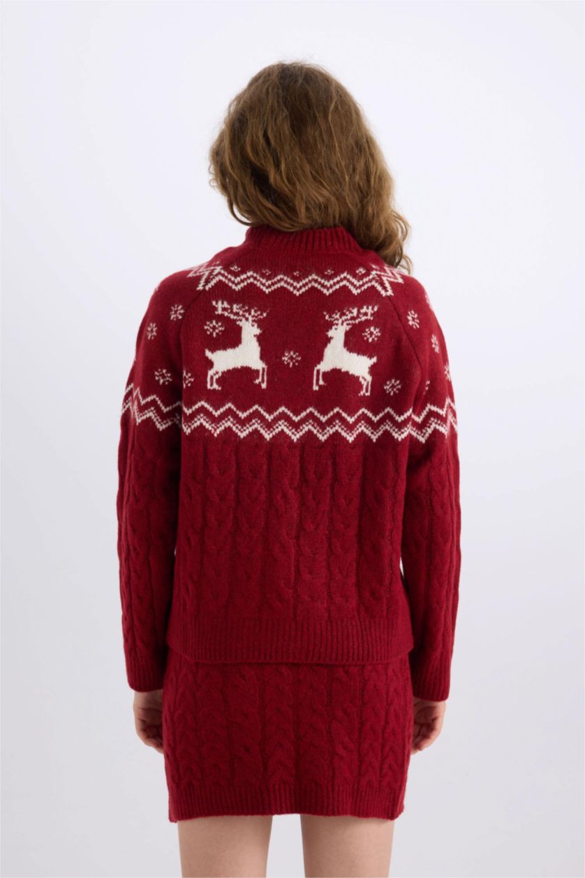 نساء أحمر بلوفر تريكو قصة عادية بياقة مستديرة