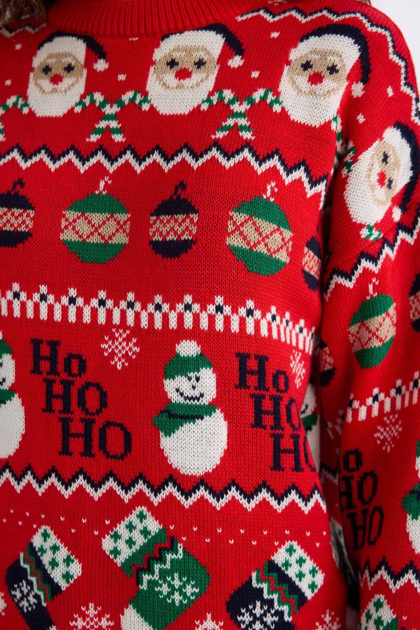 Kadın Kırmızı Yılbaşı Temalı  Bisiklet Yaka Triko Kazak