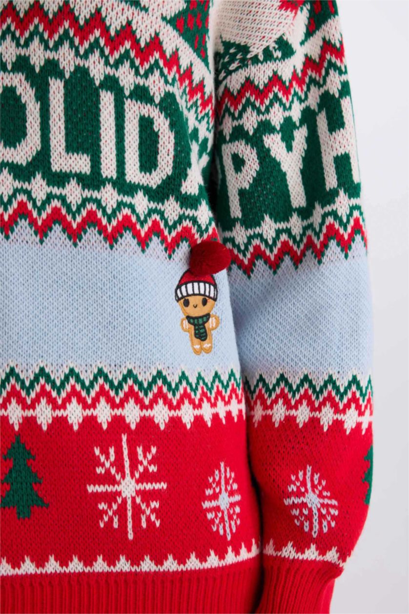 Kadın Kırmızı Yılbaşı Temalı Bisiklet Yaka Triko Kazak