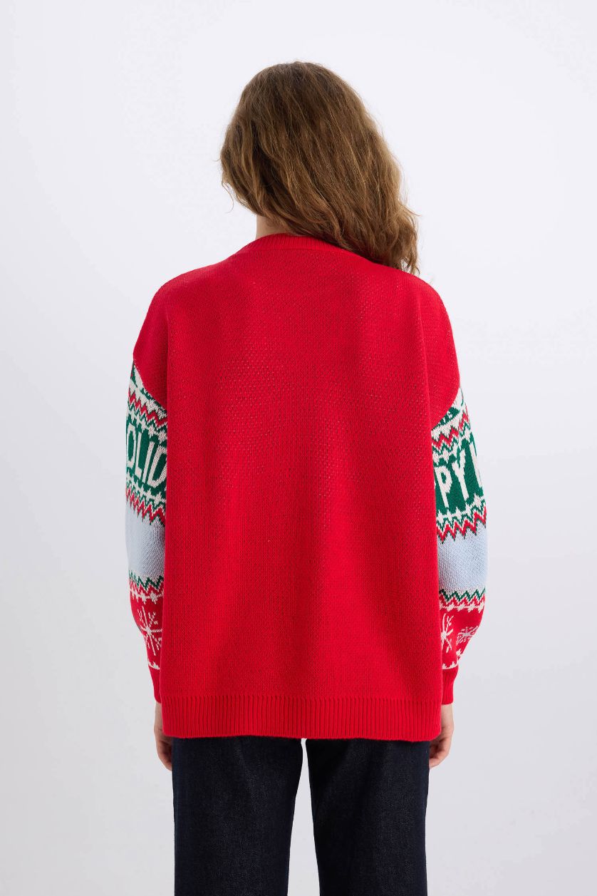 Kadın Kırmızı Yılbaşı Temalı Bisiklet Yaka Triko Kazak