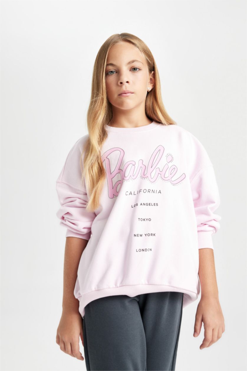 Kız Çocuk - Genç Kız Açık Pembe Kız Çocuk Pembe Barbie Oversize Geniş Kalıp Bisiklet Yaka İçi Yumuşak Tüylü Sweatshirt
