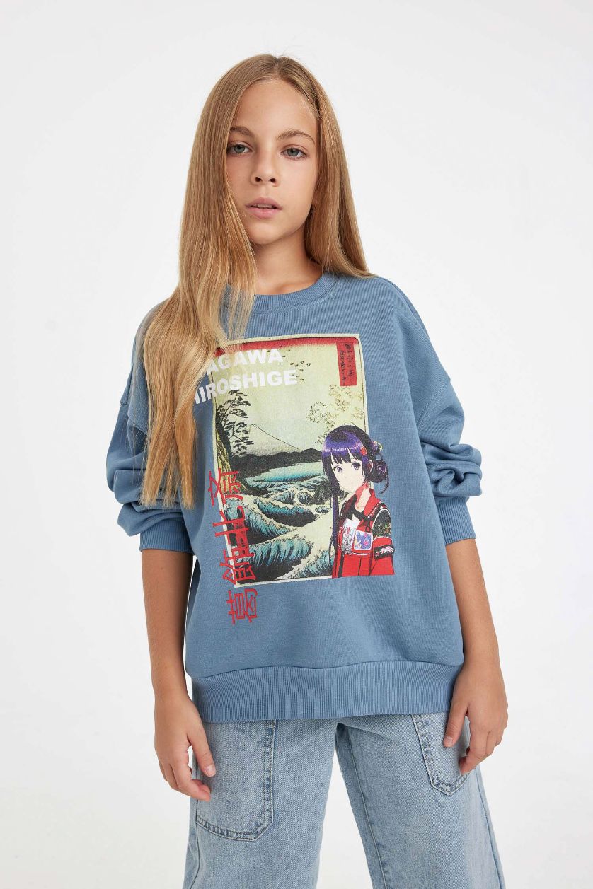 Kız Çocuk - Genç Kız Açık İndigo Hatsune Miku Relax Fit Bisiklet Yaka İçi Yumuşak Tüylü Sweatshirt Kız Çocuk