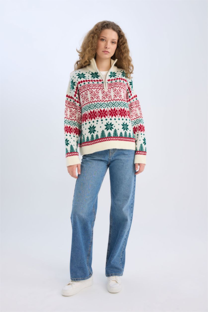 Kadın Yeşil Yılbaşı Temalı Fermuarlı Dik Yaka Triko Kazak