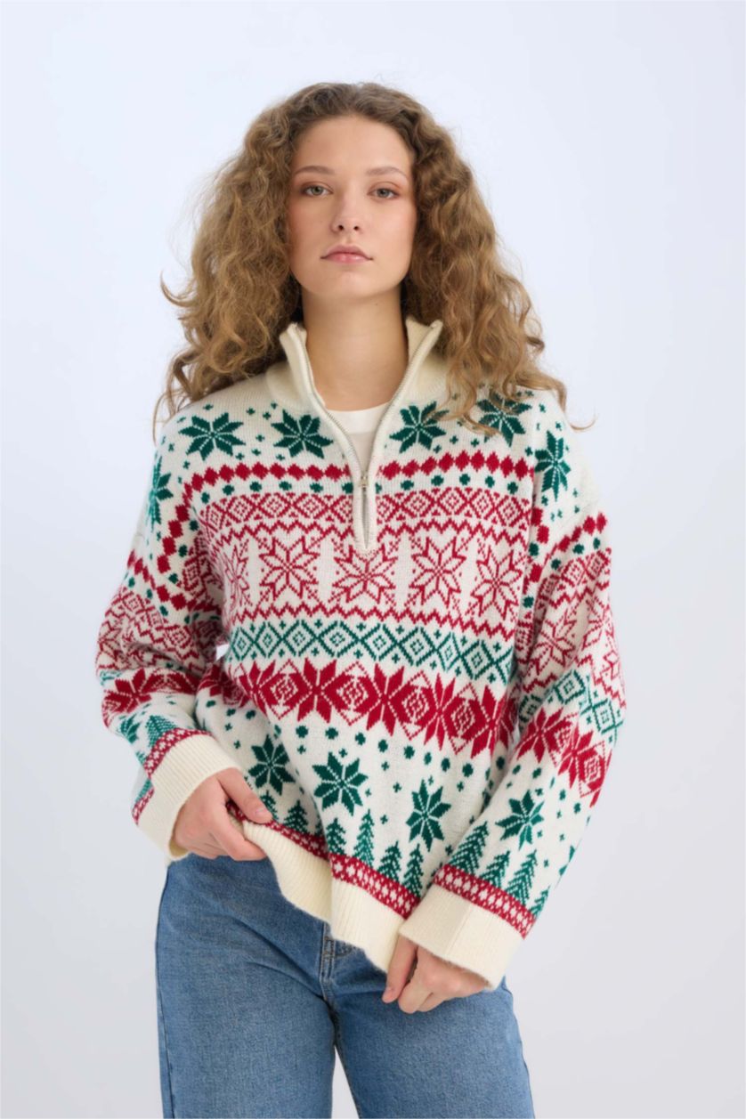 Kadın Yeşil Yılbaşı Temalı Fermuarlı Dik Yaka Triko Kazak