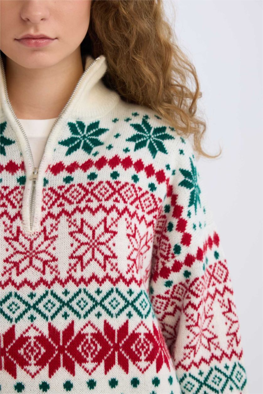 Kadın Yeşil Yılbaşı Temalı Fermuarlı Dik Yaka Triko Kazak