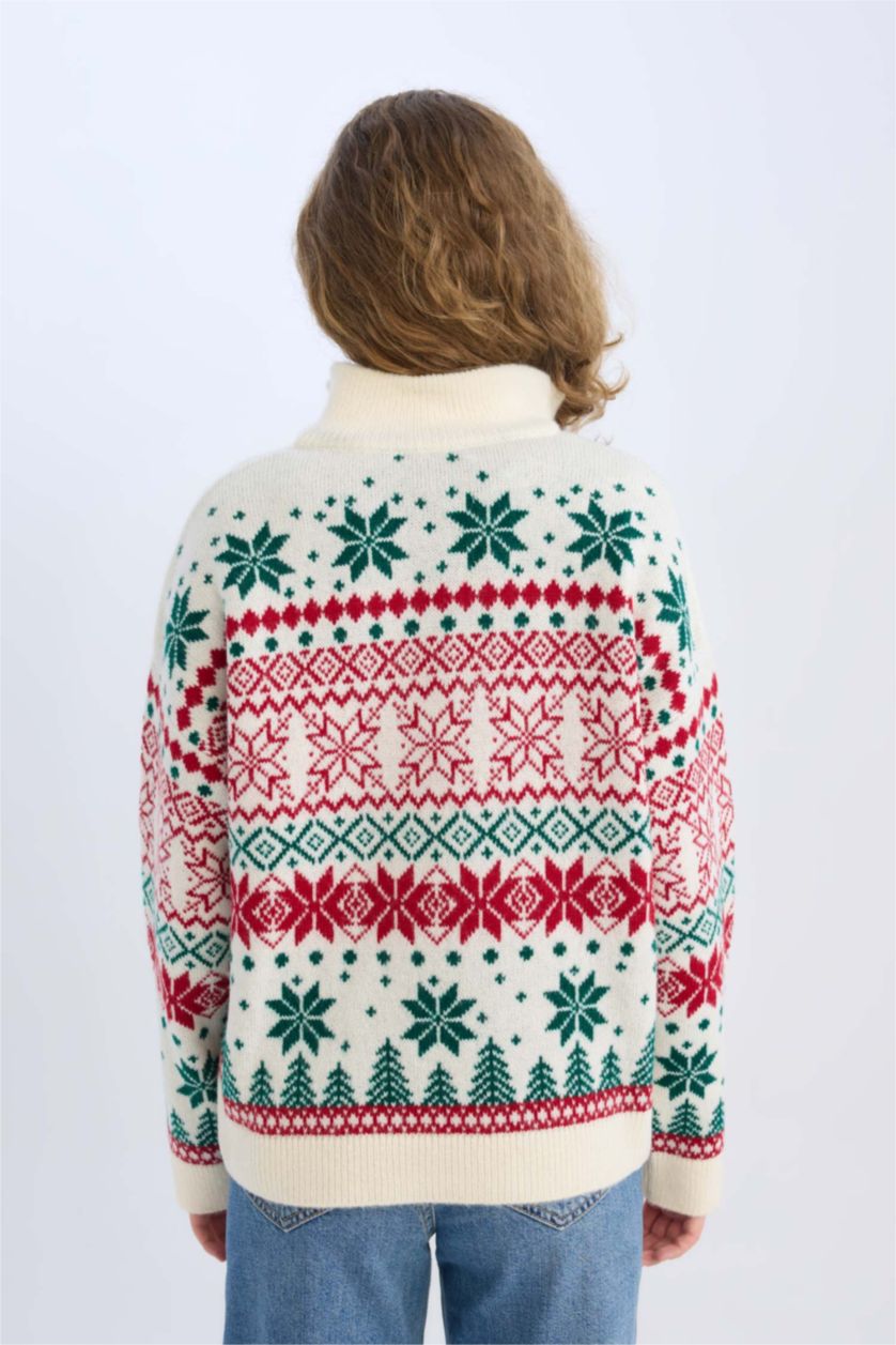 Kadın Yeşil Yılbaşı Temalı Fermuarlı Dik Yaka Triko Kazak