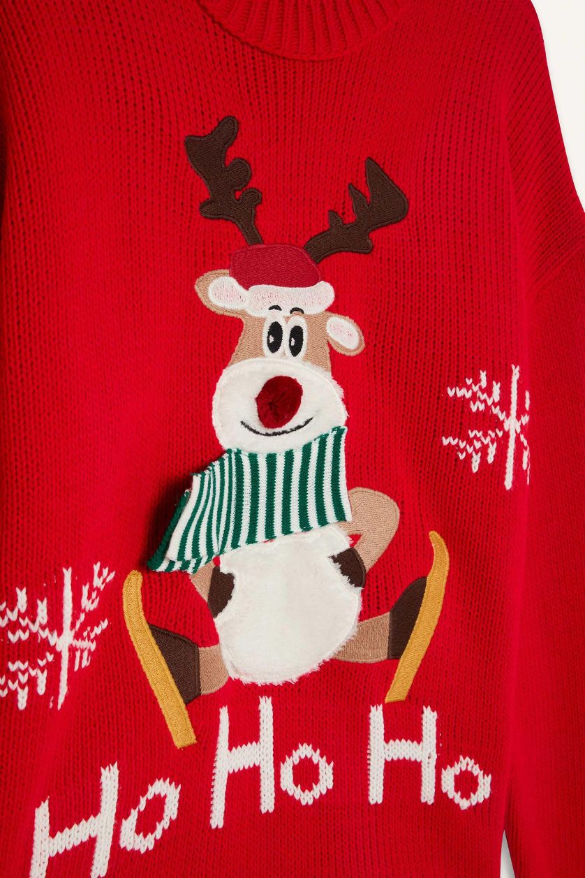 Kadın Kırmızı Yılbaşı Temalı Bisiklet Yaka Triko Kazak