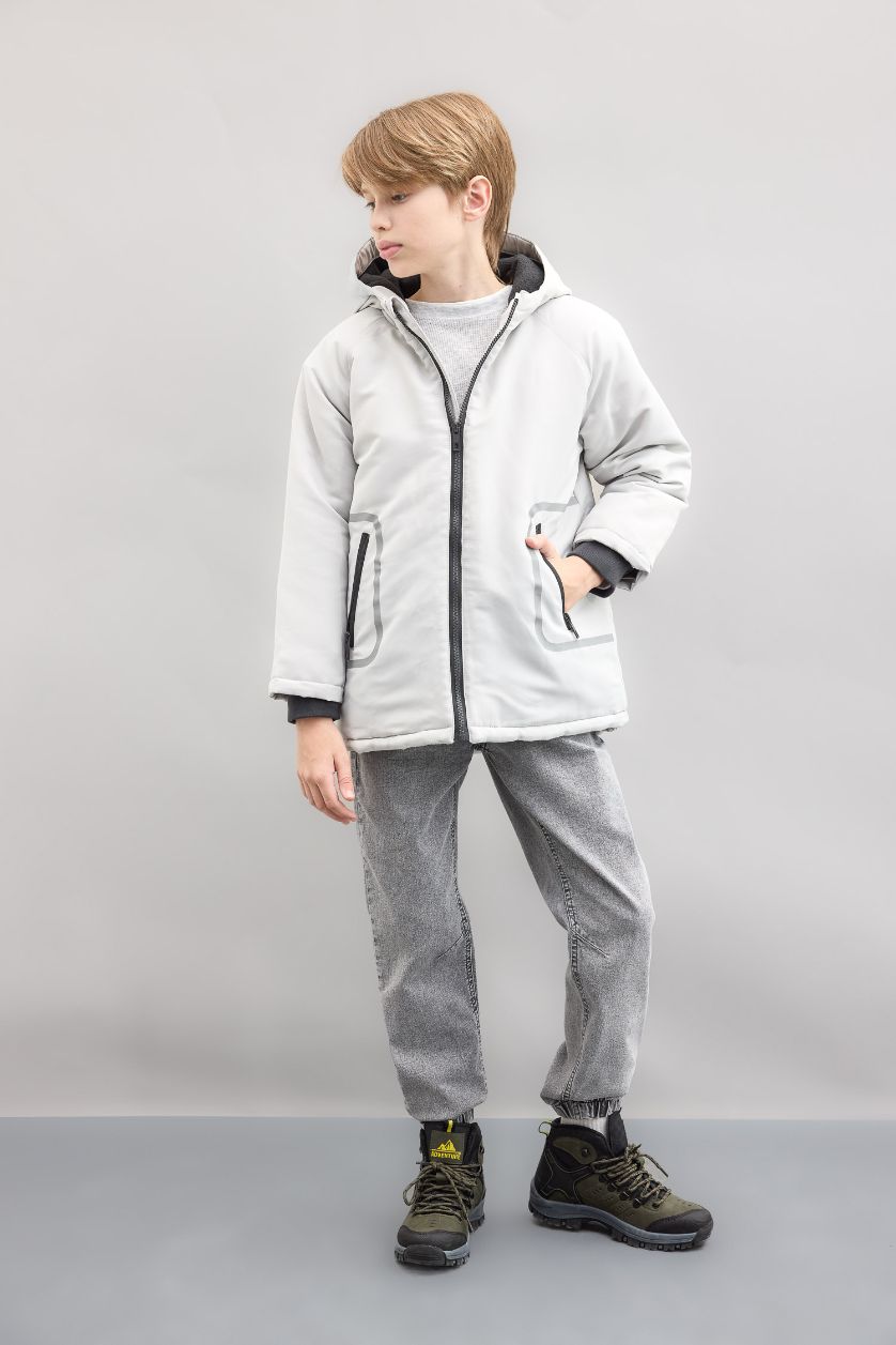 GARÇONS Gris Clair Manteau à capuche imperméableavec doublure en polaire et poches zippées pour Garçon