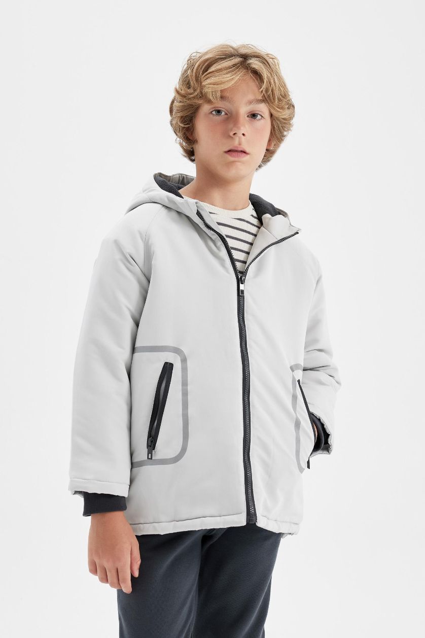GARÇONS Gris Clair Manteau à capuche imperméableavec doublure en polaire et poches zippées pour Garçon