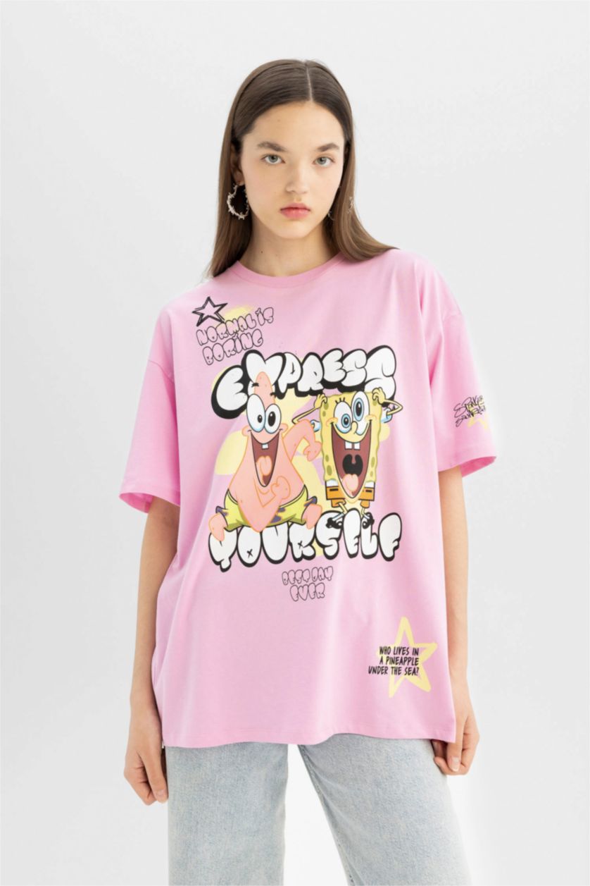 Woman Pink SpongeBob Oversize Fit Crew Neck Printed T-Shirt