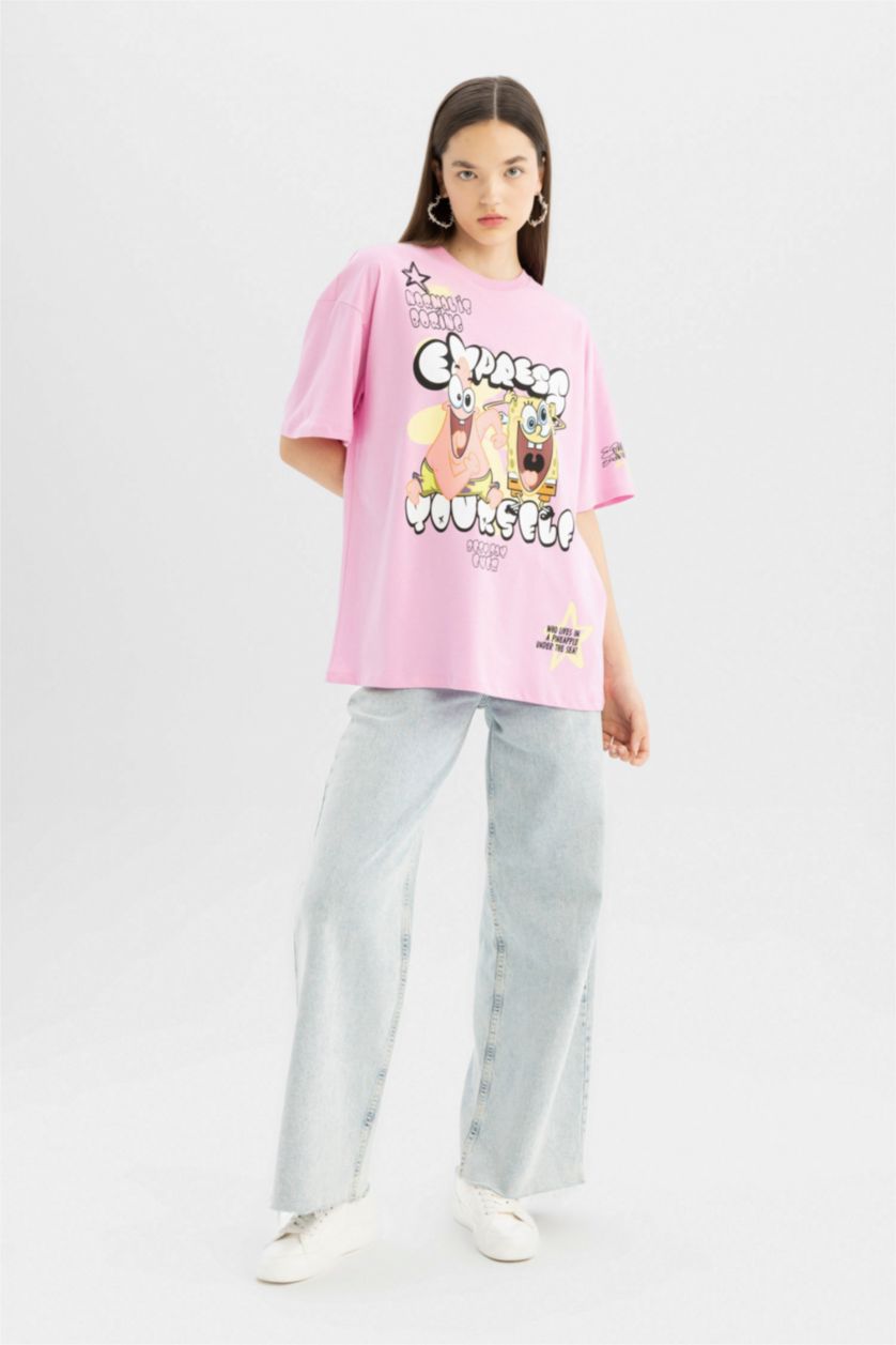Woman Pink SpongeBob Oversize Fit Crew Neck Printed T-Shirt