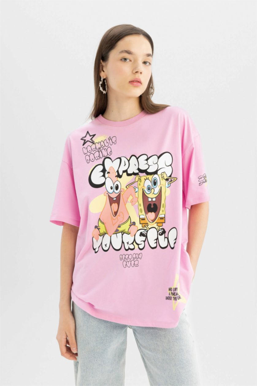 Woman Pink SpongeBob Oversize Fit Crew Neck Printed T-Shirt