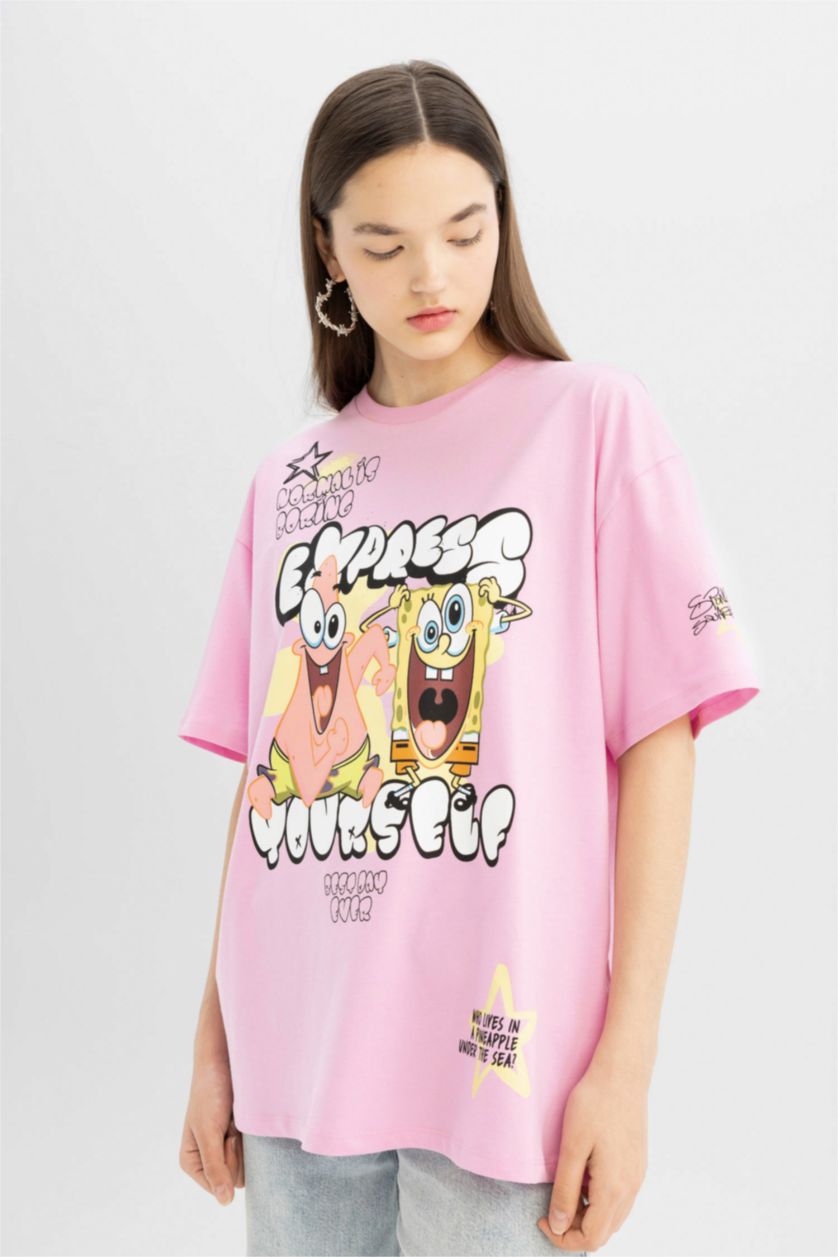 Woman Pink SpongeBob Oversize Fit Crew Neck Printed T-Shirt