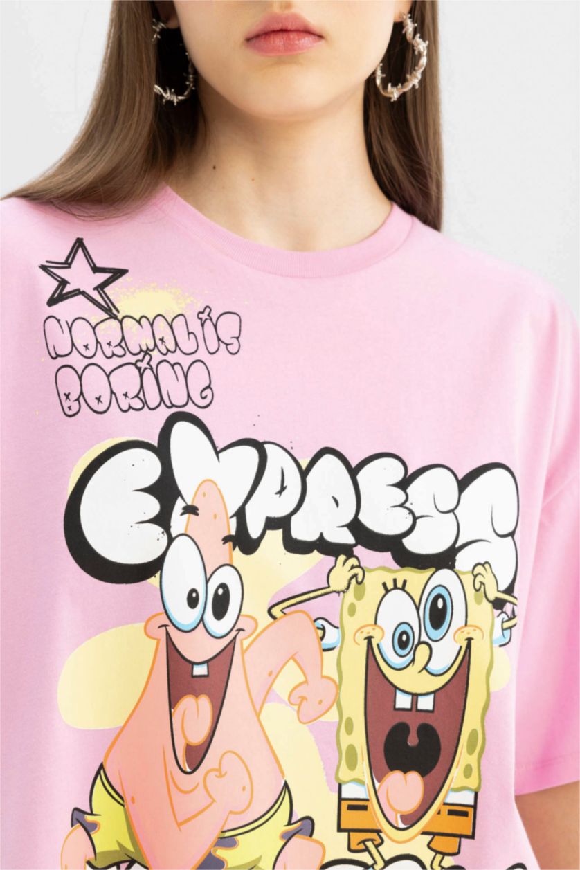 Woman Pink SpongeBob Oversize Fit Crew Neck Printed T-Shirt