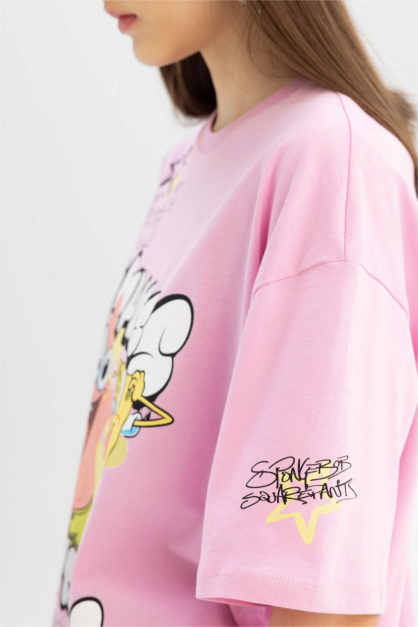 Woman Pink SpongeBob Oversize Fit Crew Neck Printed T-Shirt