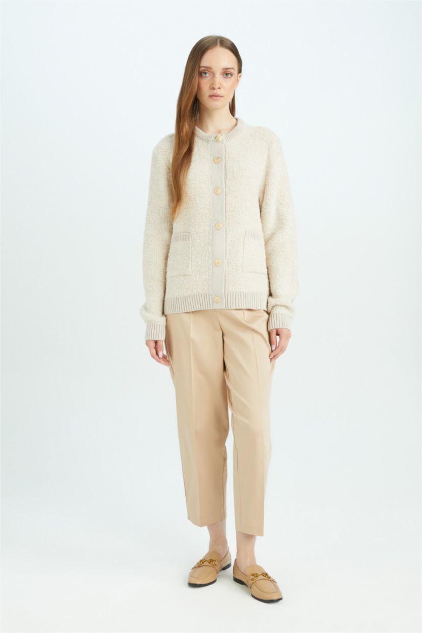 Woman Beige Regular Fit Basic Button Closure Knitwear Cardigan