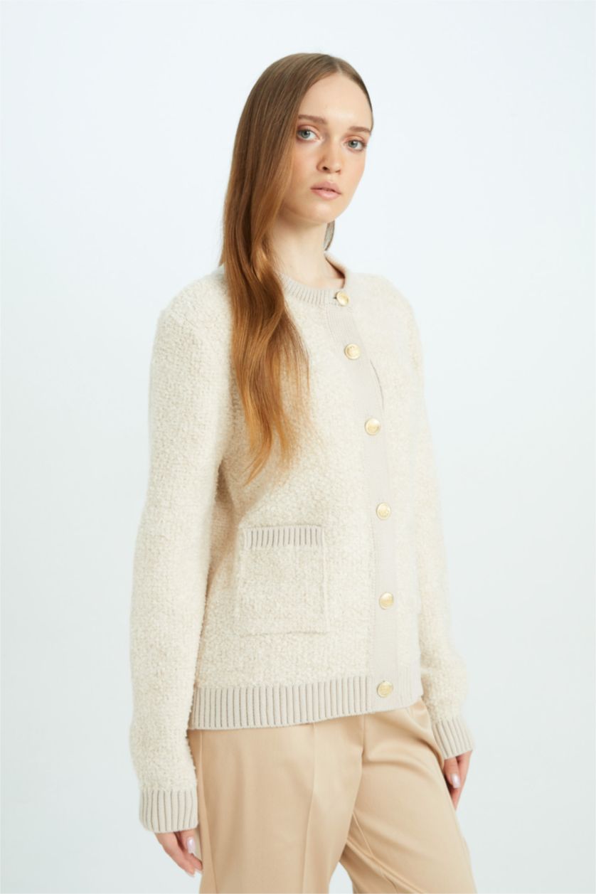 Woman Beige Regular Fit Basic Button Closure Knitwear Cardigan