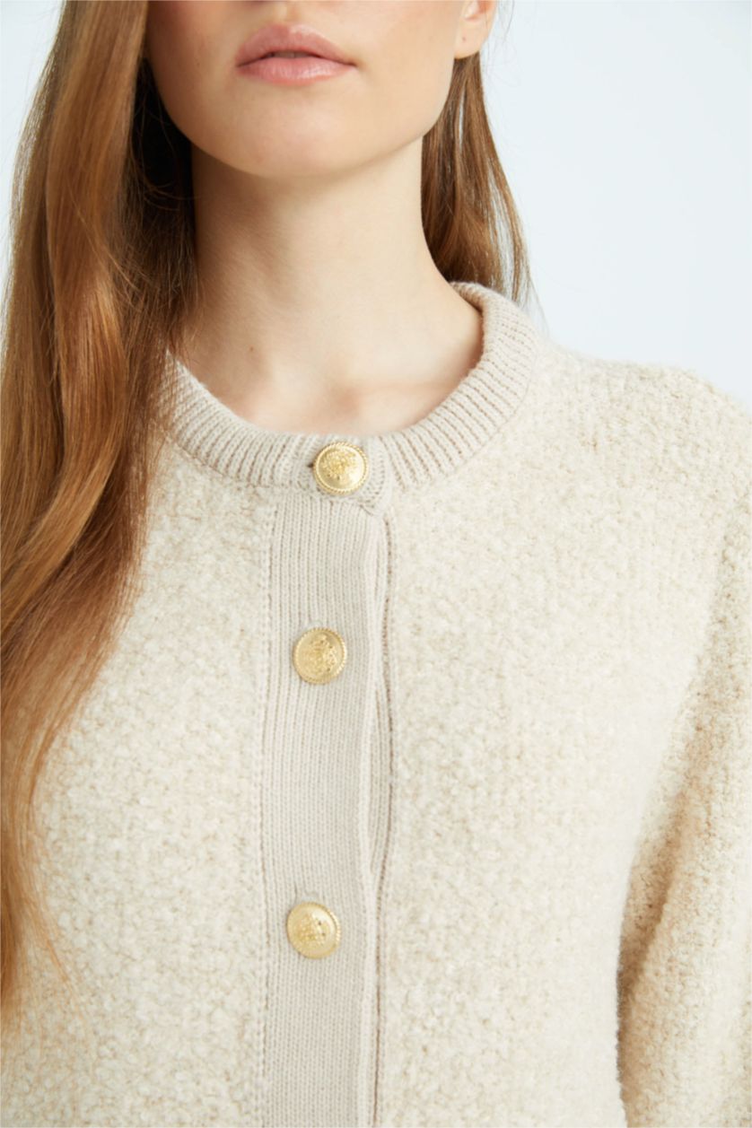 Woman Beige Regular Fit Basic Button Closure Knitwear Cardigan