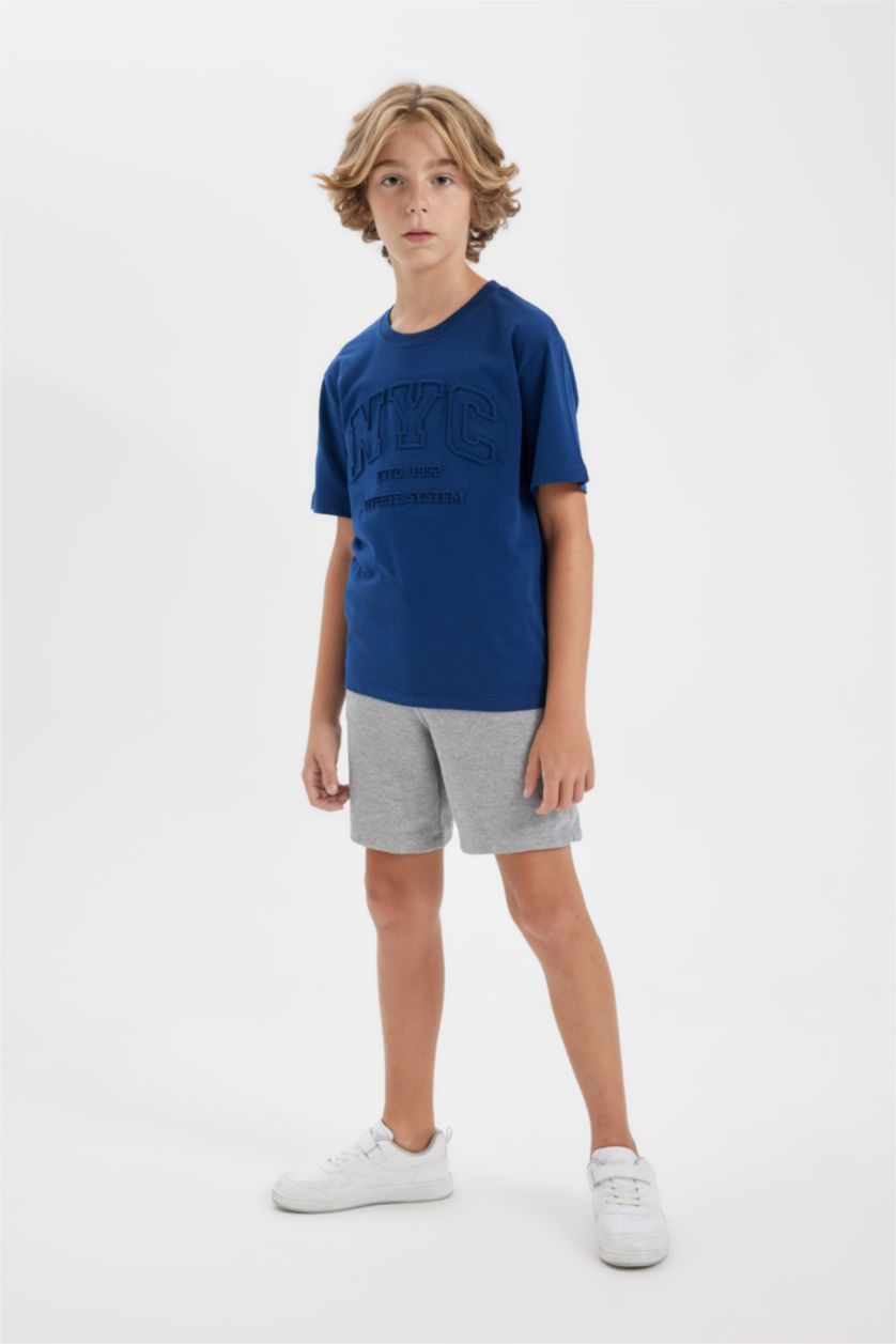Erkek Çocuk - Genç Erkek Lacivert Erkek Çocuk 2'li Takım Baskılı Kısa Kollu Tişört Üst Belli Lastikli Şort Alt