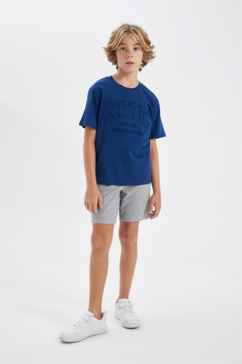 Erkek Çocuk - Genç Erkek Lacivert Erkek Çocuk 2'li Takım Baskılı Kısa Kollu Tişört Üst Belli Lastikli Şort Alt