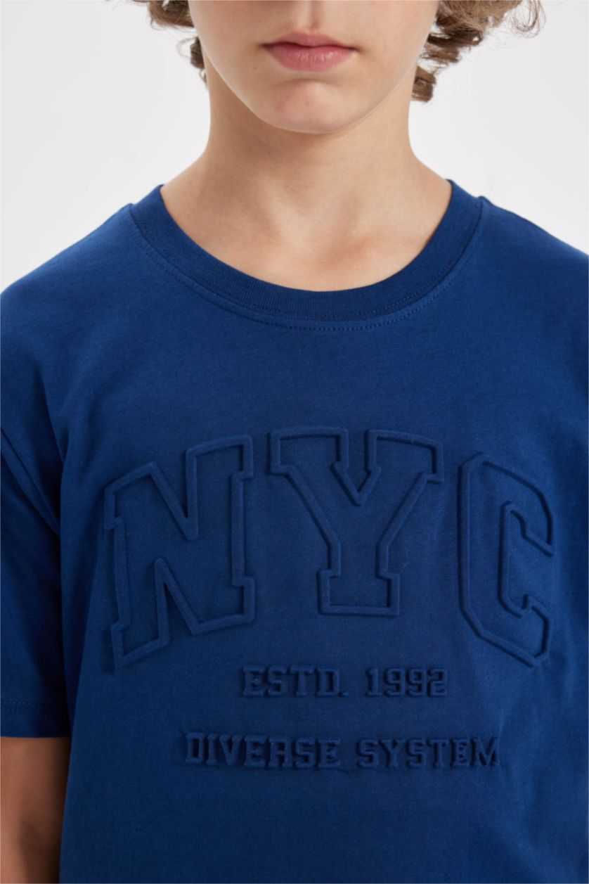 Erkek Çocuk - Genç Erkek Lacivert Erkek Çocuk 2'li Takım Baskılı Kısa Kollu Tişört Üst Belli Lastikli Şort Alt