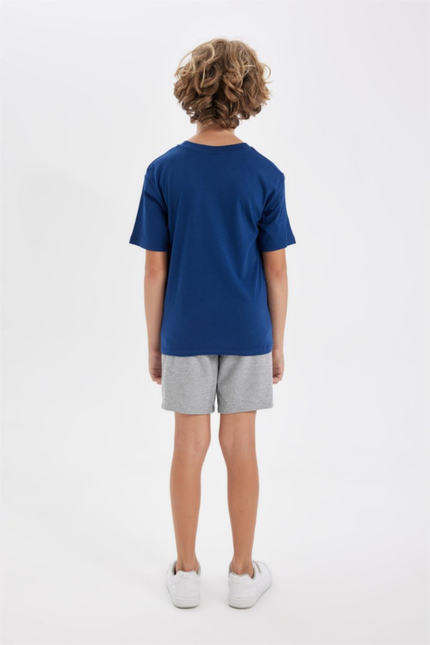 Erkek Çocuk - Genç Erkek Lacivert Erkek Çocuk 2'li Takım Baskılı Kısa Kollu Tişört Üst Belli Lastikli Şort Alt
