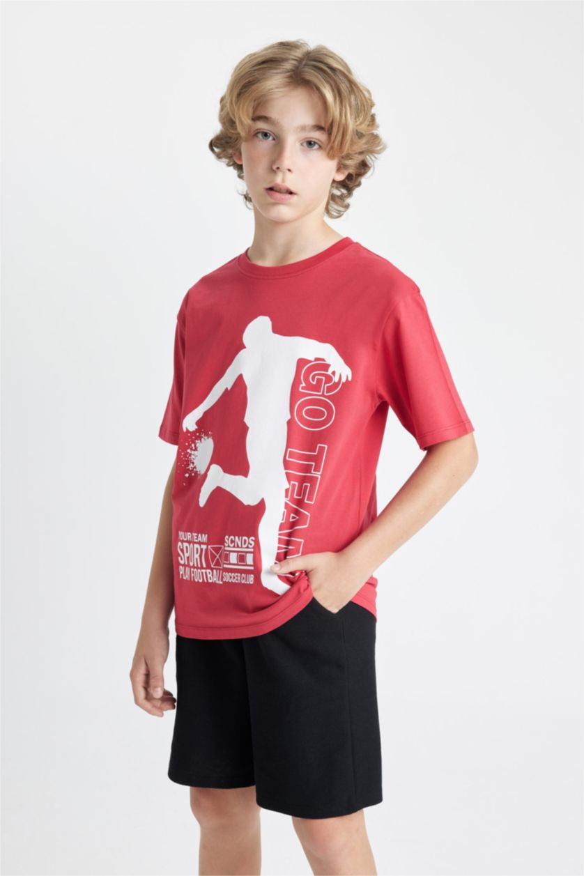 BOYS & TEENS Red Boy Printed Short Sleeve T-Shirt Shorts 2 Piece Set