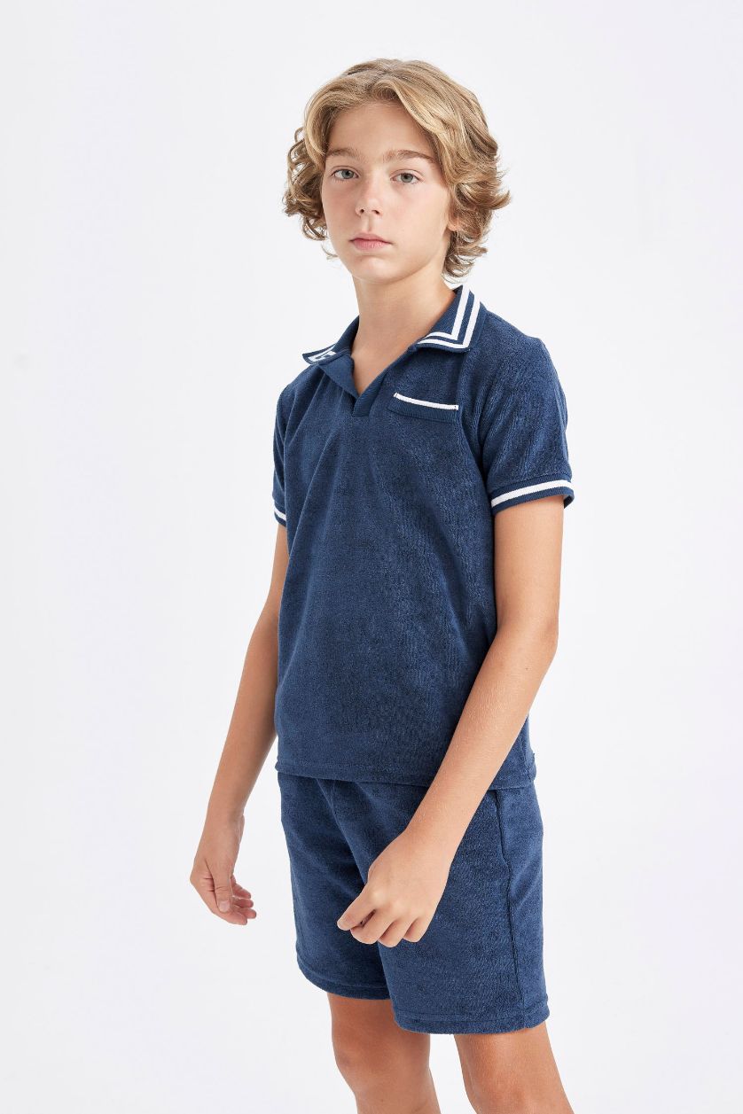 Erkek Çocuk - Genç Erkek İndigo Apaş Yaka Havlu Kumaş Kısa Kollu Tişört Erkek Çocuk