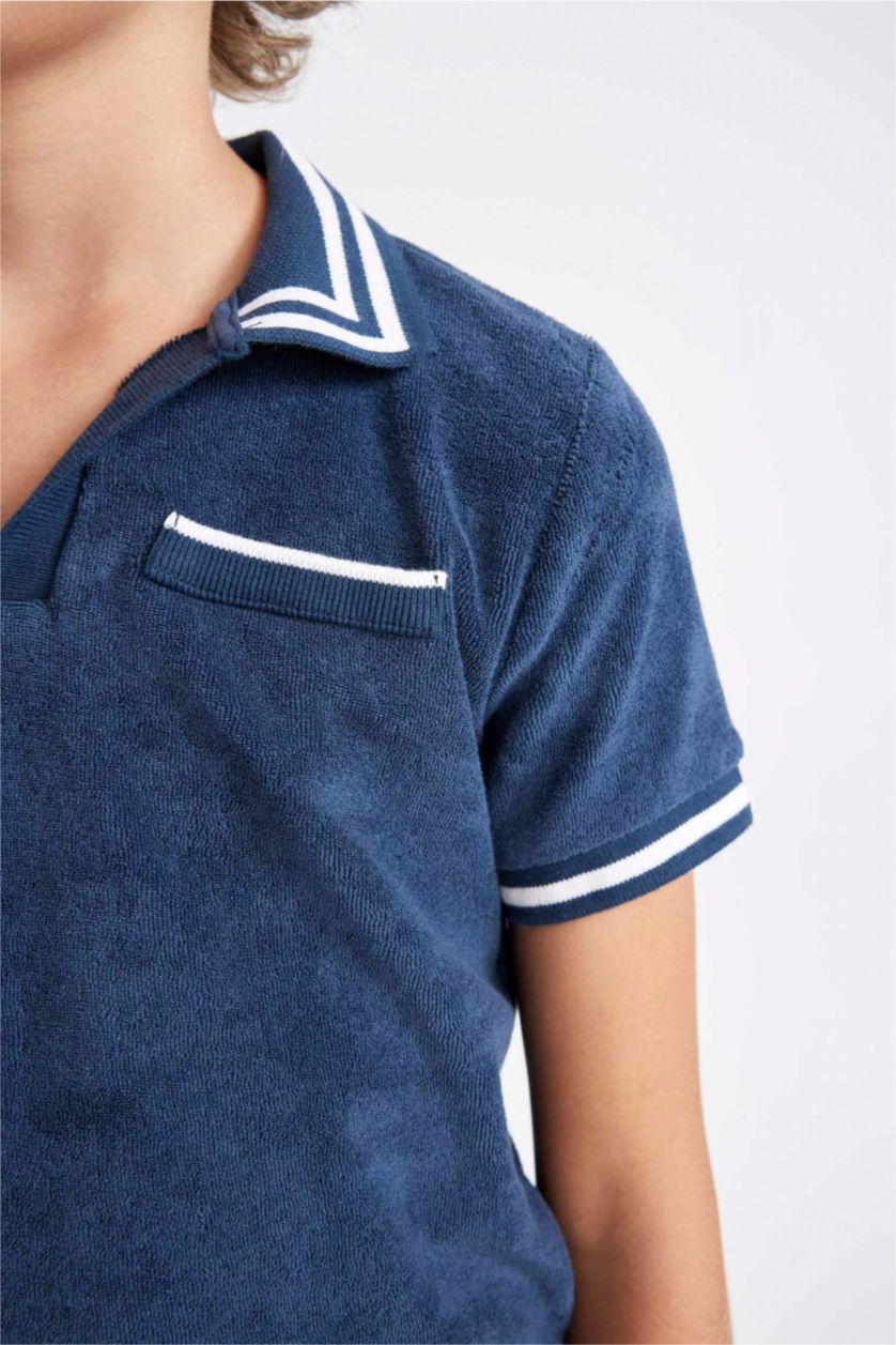 Erkek Çocuk - Genç Erkek İndigo Apaş Yaka Havlu Kumaş Kısa Kollu Tişört Erkek Çocuk