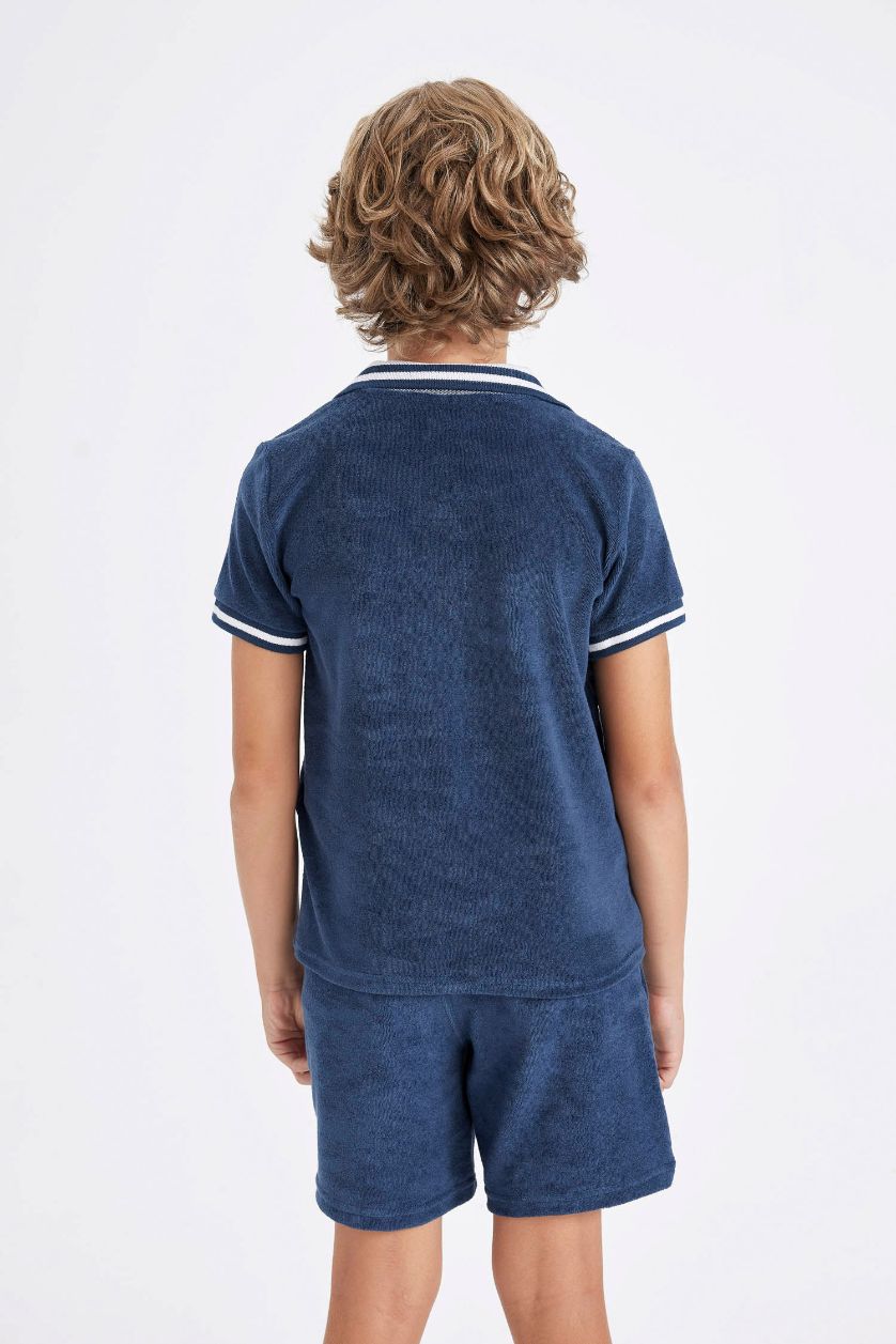 Erkek Çocuk - Genç Erkek İndigo Apaş Yaka Havlu Kumaş Kısa Kollu Tişört Erkek Çocuk