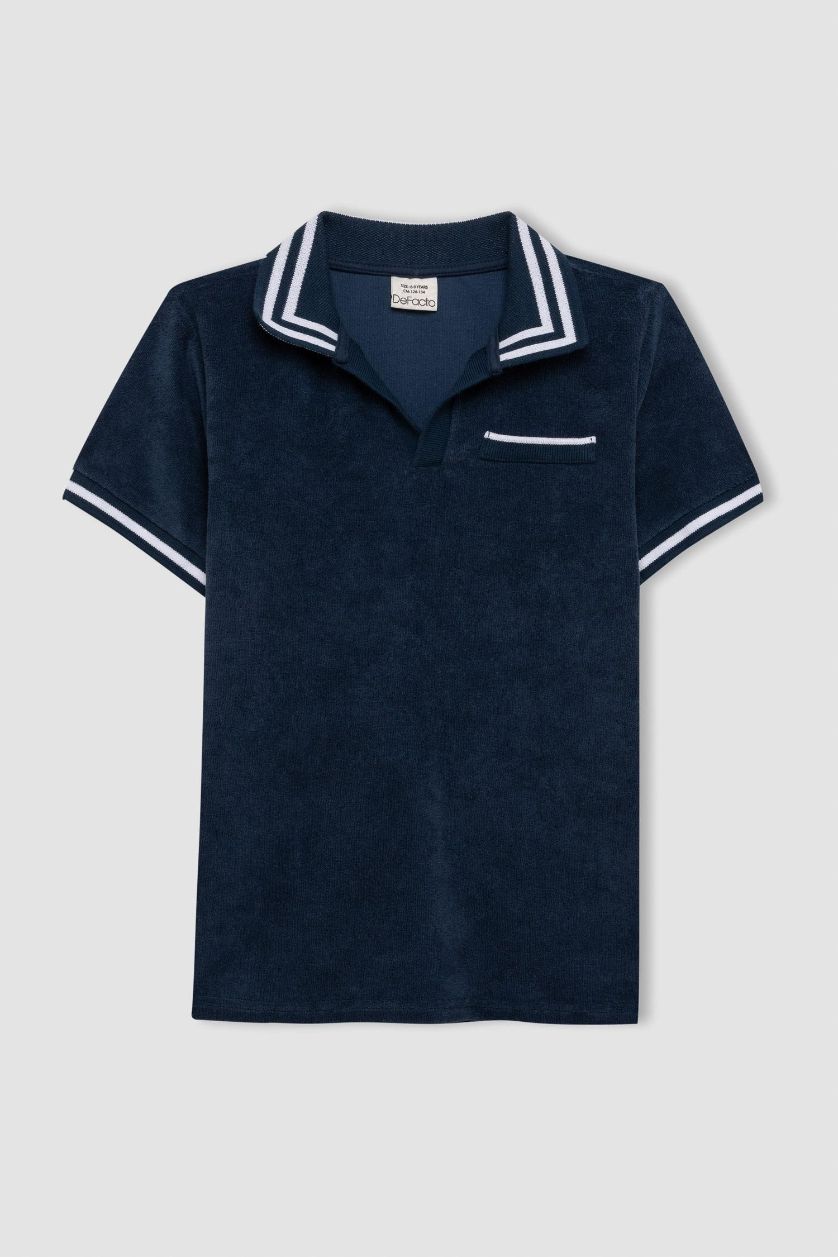 Erkek Çocuk - Genç Erkek İndigo Apaş Yaka Havlu Kumaş Kısa Kollu Tişört Erkek Çocuk